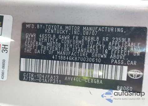 2007 Toyota Camry Hybrid Hybrid from USA, damaged, VIN 4T1BB46K87U030610